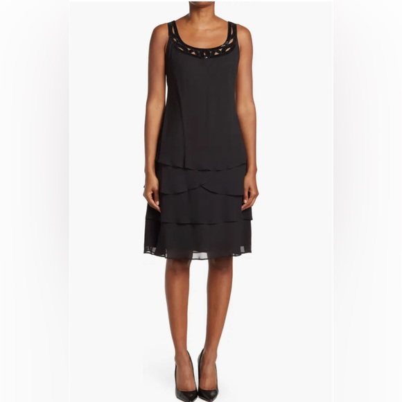SLNY Dresses & Skirts - SLNY Black Tiered Chiffon Cocktail Dress Sequin Neckline 8P Petite